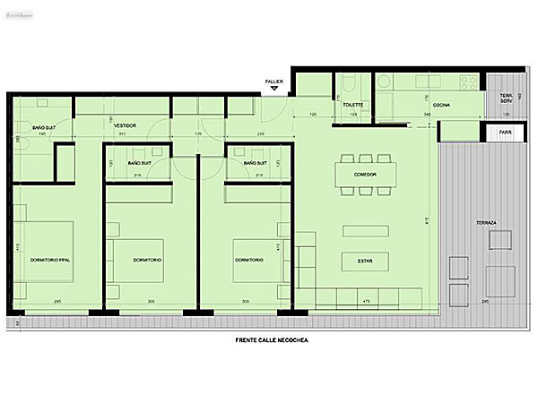 Bloque A – 3 dormitorios – Unidad U 101<br><br>�rea interior: 110.30 m�<br>�rea terrazas: 25.40 m�<br>�rea terraza servicio: 3.50 m�<br>�rea unidad: 139.20 m�<br>�rea pallier: 15.50 m�<br>�reas comunes: 26.25 m�<br>�reas totales: 180.95 m� 