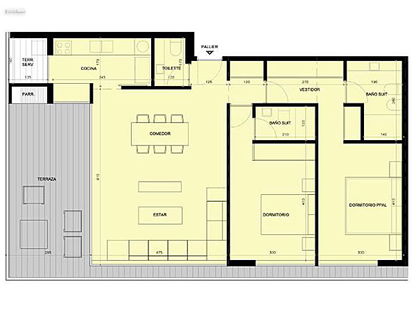 Bloque A – 2 dormitorios – Unidad U 205–206–305–306<br><br>�rea interior: 88 m�<br>�rea terrazas: 23.80 m�<br>�rea terraza servicio: 3.50 m�<br>�rea unidad: 115.30 m�<br>�rea pallier: 12.80 m�<br>�reas comunes: 21.75 m�<br>�reas totales: 149.85 m�