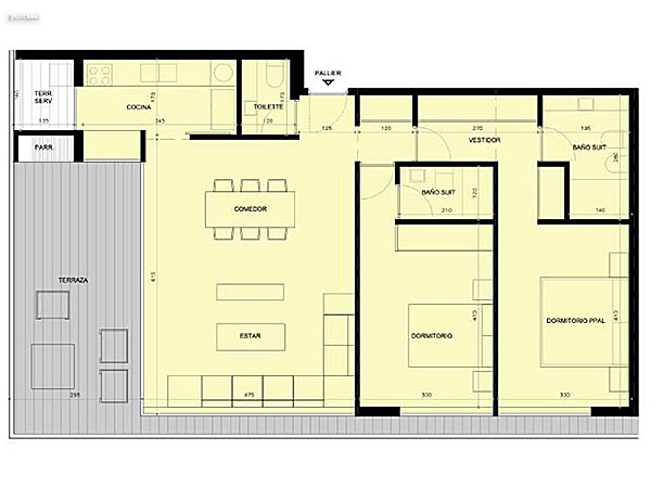 Bloque A – 2 dormitorios – Unidad U 205–206–305–306<br><br>rea interior: 88 m<br>rea terrazas: 23.80 m<br>rea terraza servicio: 3.50 m<br>rea unidad: 115.30 m<br>rea pallier: 12.80 m<br>reas comunes: 21.75 m<br>reas totales: 149.85 m