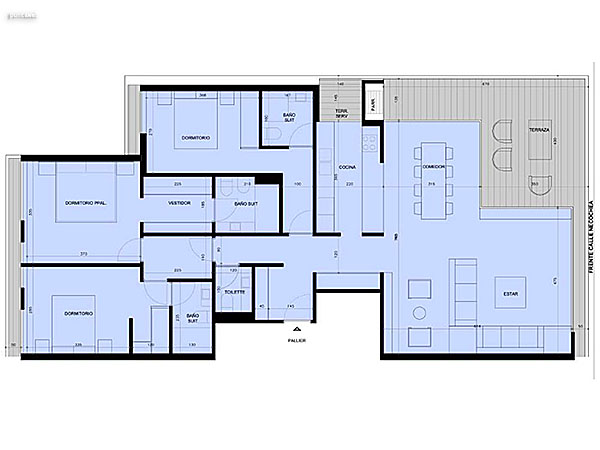 Bloque 3 – 3 dormitorios – Unidad U 207–212–307–312<br><br>rea interior: 88 m<br>rea terrazas: 23.80 m<br>rea terraza servicio: 3.50 m<br>rea unidad: 115.30 m<br>rea pallier: 12.80 m<br>reas comunes: 21.75 m<br>reas totales: 149.85 m