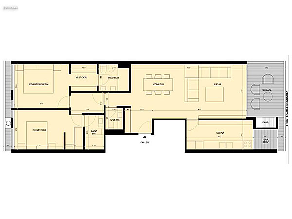 Bloque 3 – 2 dormitorios – Unidad U 208 al 211 –308 al 311<br><br>rea interior: 87.50 m<br>rea terrazas: 16.80 m<br>rea terraza servicio: 2.20 m<br>rea unidad: 108.50 m<br>rea pallier: 6.15 m<br>reas comunes: 20.86 m<br>reas totales: 122.27 m