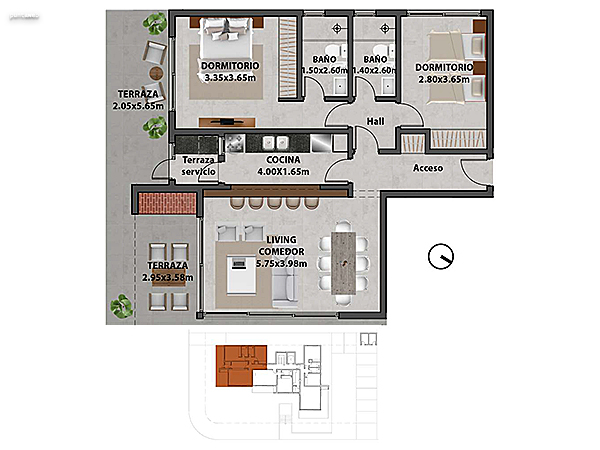 Apartamento 001 – 2 dormitorios.<br><br>Área propia: 88.40 m²<br>Área terraza: 22.90 m²<br>Área apartamento: 111.30 m²<br>Área cochera: 30 m²<br>Áreas comunes: 17 m²<br><br>Área total: 158.30 m²