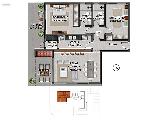 Apartamento 001 – 2 dormitorios.<br><br>rea propia: 88.40 m<br>rea terraza: 22.90 m<br>rea apartamento: 111.30 m<br>rea cochera: 30 m<br>reas comunes: 17 m<br><br>rea total: 158.30 m