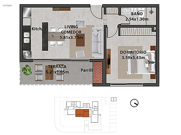 Apartamento 002 – 1 dormitorio.<br><br>Área propia: 47.40 m²<br>Área terraza: 8.20 m²<br>Área apartamento: 55.60 m²<br>Área cochera: 15 m²<br>Áreas comunes: 9 m²<br><br>Área total: 79.60 m²