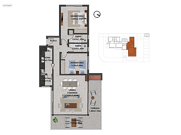 Apartamento 003 – 2 dormitorios.<br><br>Área propia: 91.20 m²<br>Área terraza: 22.50 m²<br>Área apartamento: 113.70 m²<br>Área cochera: 15 m²<br>Áreas comunes: 18 m²<br><br>Área total: 146.70 m²
