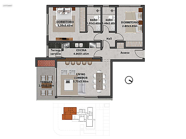 Apartamento 101 – 2 dormitorios.<br><br>Área propia: 88.40 m²<br>Área terraza: 7.20 m²<br>Área apartamento: 95.60 m²<br>Área cochera: 14 m²<br>Áreas comunes: 17 m²<br><br>Área total: 126.60 m²