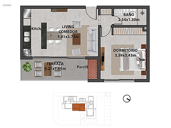Apartamento 102 – 1 dormitorio.<br><br>Área propia: 47.40 m²<br>Área terraza: 8.20 m²<br>Área apartamento: 55.60 m²<br>Área cochera: 14 m²<br>Áreas comunes: 9 m²<br><br>Área total: 78.60 m²