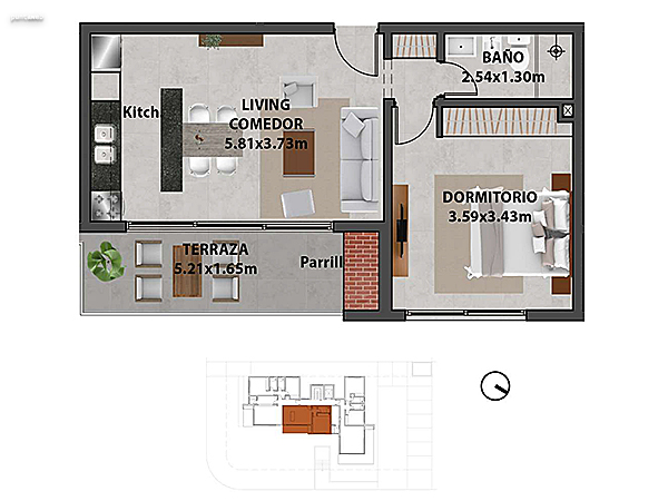 Apartamento 102 – 1 dormitorio.<br><br>rea propia: 47.40 m<br>rea terraza: 8.20 m<br>rea apartamento: 55.60 m<br>rea cochera: 14 m<br>reas comunes: 9 m<br><br>rea total: 78.60 m