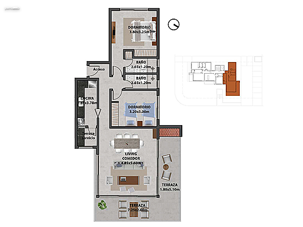 Apartamento 103 – 2 dormitorios.<br><br>Área propia: 91.20 m²<br>Área terraza: 22.50 m²<br>Área apartamento: 113.70 m²<br>Área cochera: 14 m²<br>Áreas comunes: 18 m²<br><br>Área total: 145.70 m²