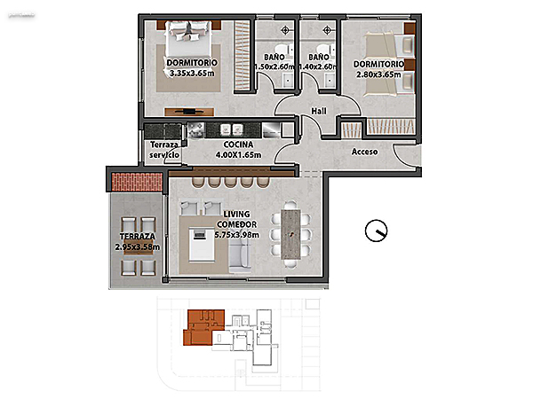 Apartamento 201 – 2 dormitorios.<br><br>Área propia: 88.40 m²<br>Área terraza: 7.20 m²<br>Área apartamento: 95.60 m²<br>Área cochera: 14 m²<br>Áreas comunes: 17 m²<br><br>Área total: 126.60 m²