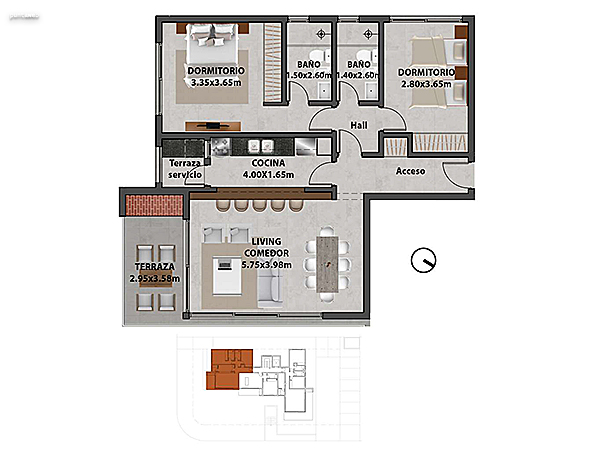 Apartamento 201 – 2 dormitorios.<br><br>rea propia: 88.40 m<br>rea terraza: 7.20 m<br>rea apartamento: 95.60 m<br>rea cochera: 14 m<br>reas comunes: 17 m<br><br>rea total: 126.60 m