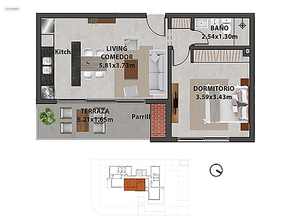Apartamento 202 – 1 dormitorio.<br><br>Área propia: 47.40 m²<br>Área terraza: 8.20 m²<br>Área apartamento: 55.60 m²<br>Área cochera: 14 m²<br>Áreas comunes: 9 m²<br><br>Área total: 78.60 m²