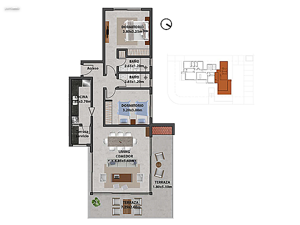 Apartamento 203 – 2 dormitorios.<br><br>Área propia: 91.20 m²<br>Área terraza: 22.50 m²<br>Área apartamento: 113.70 m²<br>Área cochera: 14 m²<br>Áreas comunes: 18 m²<br><br>Área total: 145.70 m²