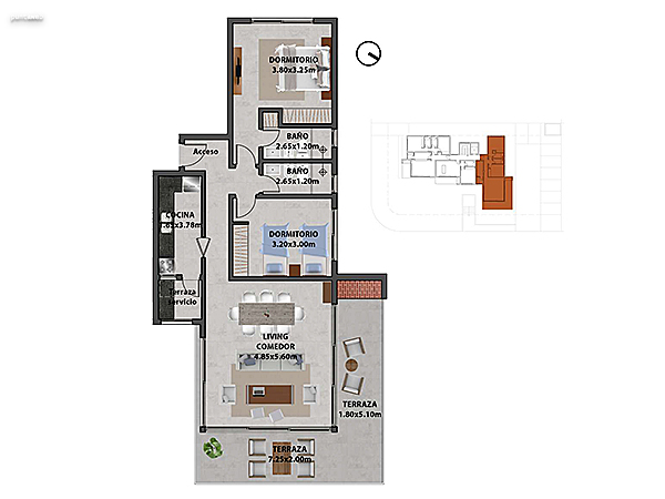 Apartamento 203 – 2 dormitorios.<br><br>rea propia: 91.20 m<br>rea terraza: 22.50 m<br>rea apartamento: 113.70 m<br>rea cochera: 14 m<br>reas comunes: 18 m<br><br>rea total: 145.70 m