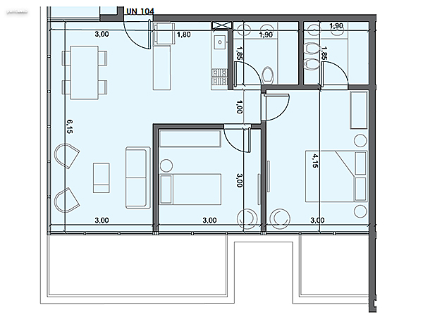 Unidad 104 – 2 dormitorios.<br><br>Área int: 65 m².<br>Área externa: 15 m². <br><br>TOTAL: 80 m².