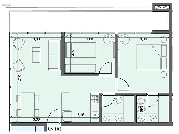 Unidad 105 – 2 dormitorios.<br><br>Área int: 52 m².<br>Área externa: 14 m². <br><br>TOTAL: 66 m².