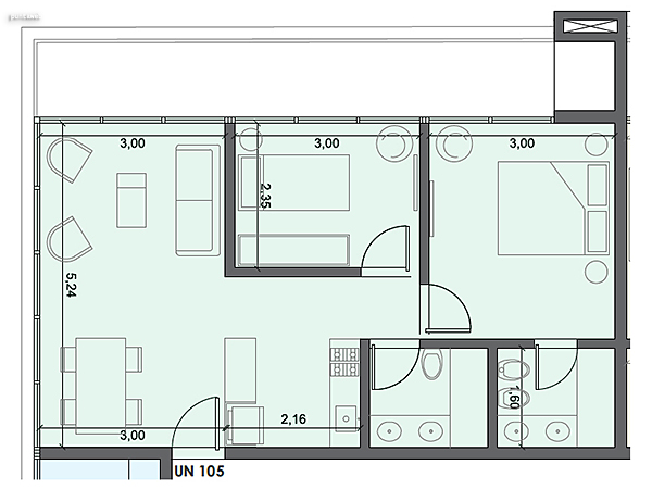 Unidad 105 – 2 dormitorios.<br><br>rea int: 52 m.<br>rea externa: 14 m. <br><br>TOTAL: 66 m.