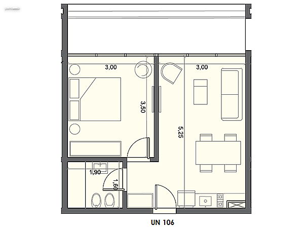 Unidad 106 – 1 dormitorio.<br><br>Área int: 35 m².<br>Área externa: 10 m². <br><br>TOTAL: 45 m².