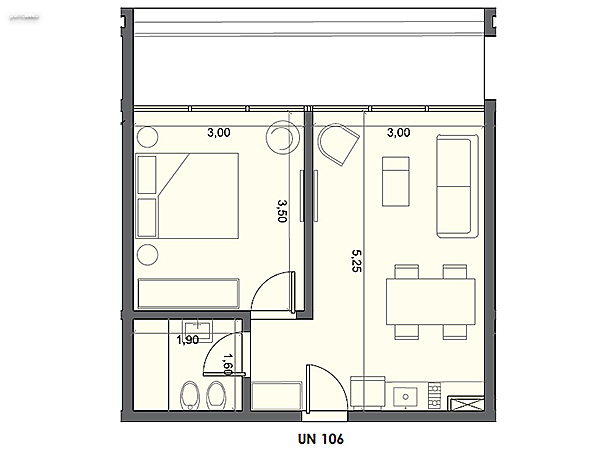 Unidad 106 – 1 dormitorio.<br><br>rea int: 35 m.<br>rea externa: 10 m. <br><br>TOTAL: 45 m.