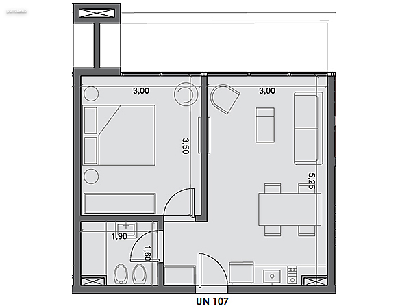 Unidad 107 – 1 dormitorio.<br><br>Área int: 35 m².<br>Área externa: 9 m². <br><br>TOTAL: 44 m².