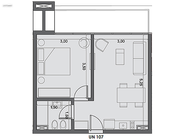 Unidad 107 – 1 dormitorio.<br><br>rea int: 35 m.<br>rea externa: 9 m. <br><br>TOTAL: 44 m.