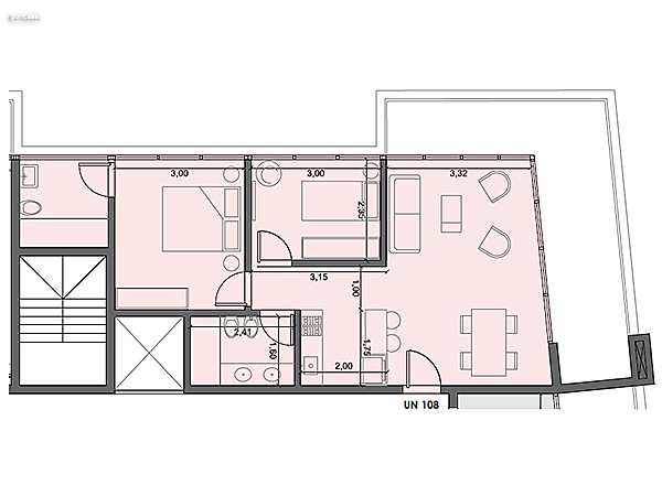 Unidad 108 – 2 dormitorios.<br><br>Área int: 57 m².<br>Área externa: 19 m². <br><br>TOTAL: 76 m².