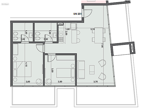 Unidad 201 – 2 dormitorios.<br><br>rea int: 68 m.<br>rea externa: 37 m. <br><br>TOTAL: 105 m.