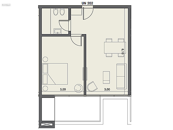 Unidad 202 – 1 dormitorio.<br><br>Área int: 41 m².<br>Área externa: 9 m². <br><br>TOTAL: 50 m².