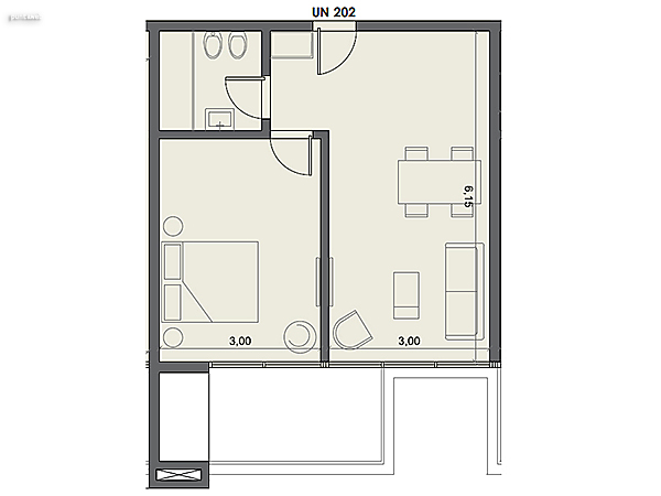 Unidad 202 – 1 dormitorio.<br><br>rea int: 41 m.<br>rea externa: 9 m. <br><br>TOTAL: 50 m.