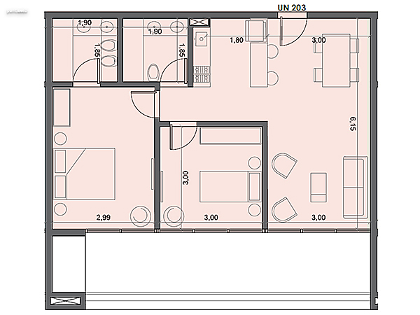 Unidad 203 – 2 dormitorios.<br><br>Área int: 61 m².<br>Área externa: 19 m². <br><br>TOTAL: 80 m².
