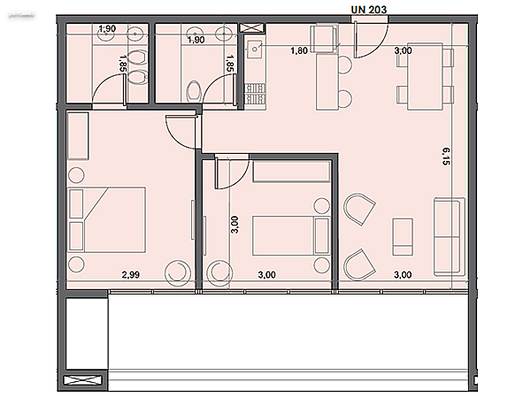 Unidad 203 – 2 dormitorios.<br><br>rea int: 61 m.<br>rea externa: 19 m. <br><br>TOTAL: 80 m.