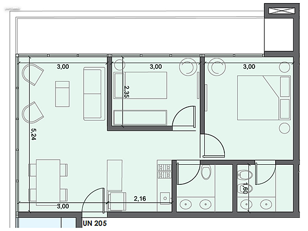 Unidad 205 – 2 dormitorios.<br><br>Área int: 52 m².<br>Área externa: 14 m². <br><br>TOTAL: 66 m².