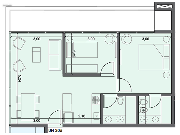 Unidad 205 – 2 dormitorios.<br><br>rea int: 52 m.<br>rea externa: 14 m. <br><br>TOTAL: 66 m.