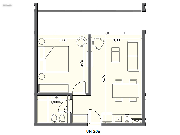 Unidad 206 – 1 dormitorio.<br><br>Área int: 35 m².<br>Área externa: 10 m². <br><br>TOTAL: 45 m².