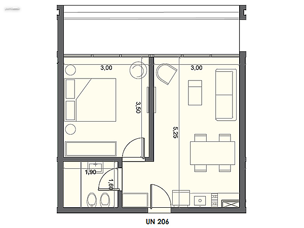 Unidad 206 – 1 dormitorio.<br><br>rea int: 35 m.<br>rea externa: 10 m. <br><br>TOTAL: 45 m.