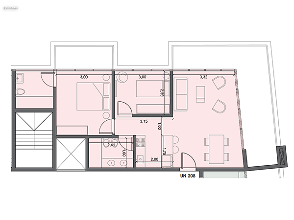 Unidad 208 – 2 dormitorios.<br><br>Área int: 57 m².<br>Área externa: 24 m². <br><br>TOTAL: 81 m².