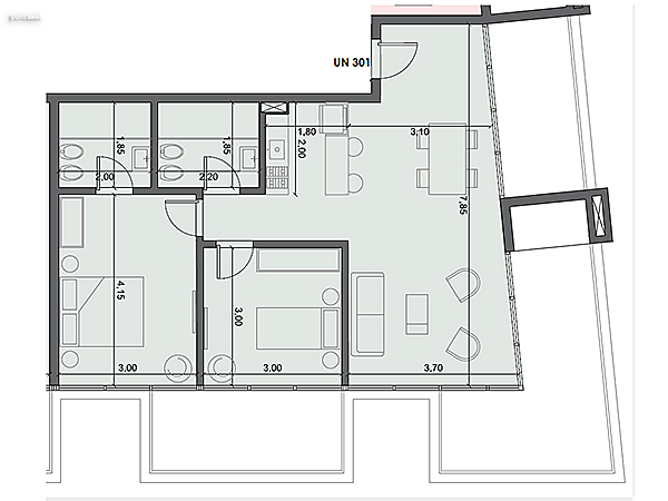 Unidad 301 – 2 dormitorios.<br><br>Área int: 68 m².<br>Área externa: 34 m². <br><br>TOTAL: 102 m².