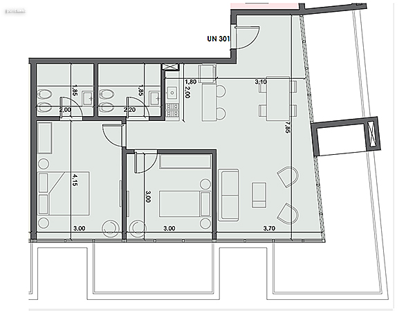 Unidad 301 – 2 dormitorios.<br><br>rea int: 68 m.<br>rea externa: 34 m. <br><br>TOTAL: 102 m.