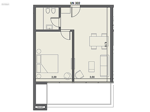 Unidad 302 – 1 dormitorio.<br><br>Área int: 41 m².<br>Área externa: 13 m². <br><br>TOTAL: 54 m².