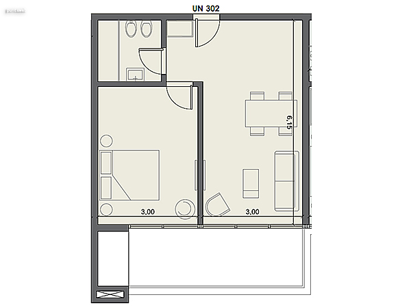 Unidad 302 – 1 dormitorio.<br><br>rea int: 41 m.<br>rea externa: 13 m. <br><br>TOTAL: 54 m.