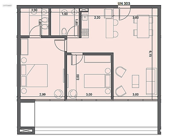 Unidad 303 – 2 dormitorios.<br><br>rea int: 61 m.<br>rea externa: 19 m. <br><br>TOTAL: 80 m.