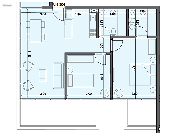 Unidad 304 – 2 dormitorios.<br><br>Área int: 65 m².<br>Área externa: 15 m². <br><br>TOTAL: 80 m².