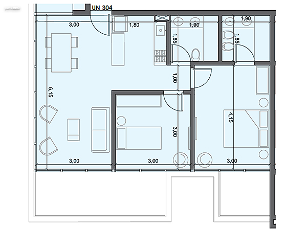 Unidad 304 – 2 dormitorios.<br><br>rea int: 65 m.<br>rea externa: 15 m. <br><br>TOTAL: 80 m.