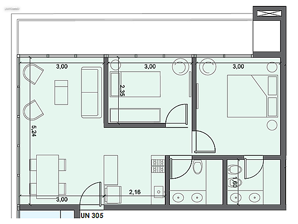 Unidad 305 – 2 dormitorios.<br><br>Área int: 52 m².<br>Área externa: 14 m². <br><br>TOTAL: 66 m².