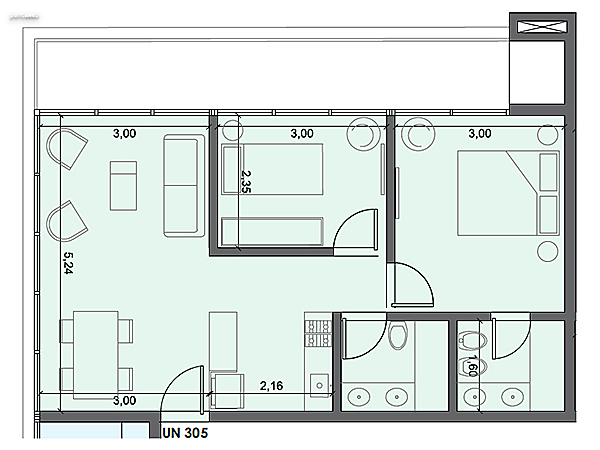 Unidad 305 – 2 dormitorios.<br><br>rea int: 52 m.<br>rea externa: 14 m. <br><br>TOTAL: 66 m.