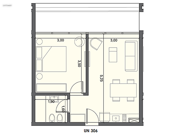Unidad 306 – 1 dormitorio.<br><br>Área int: 35 m².<br>Área externa: 10 m². <br><br>TOTAL: 45 m².