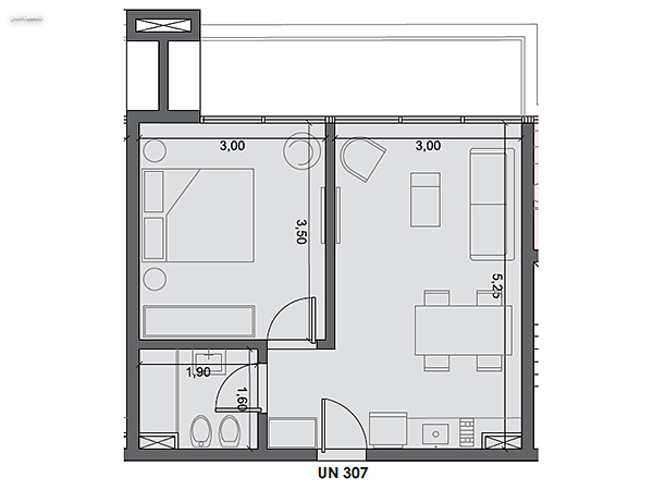 Unidad 307 – 1 dormitorio.<br><br>Área int: 35 m².<br>Área externa: 9 m². <br><br>TOTAL: 44 m².