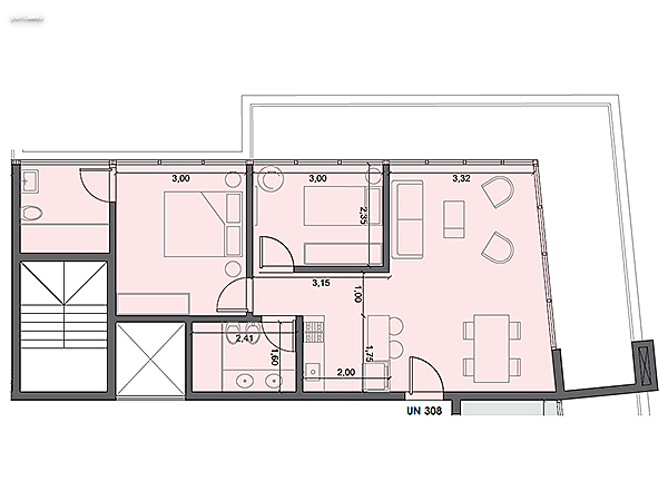 Unidad 308 – 2 dormitorios.<br><br>Área int: 57 m².<br>Área externa: 24 m². <br><br>TOTAL: 81 m².