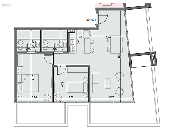 Unidad 401 – 2 dormitorios.<br><br>Área int: 68 m².<br>Área externa: 37 m². <br><br>TOTAL: 105 m².