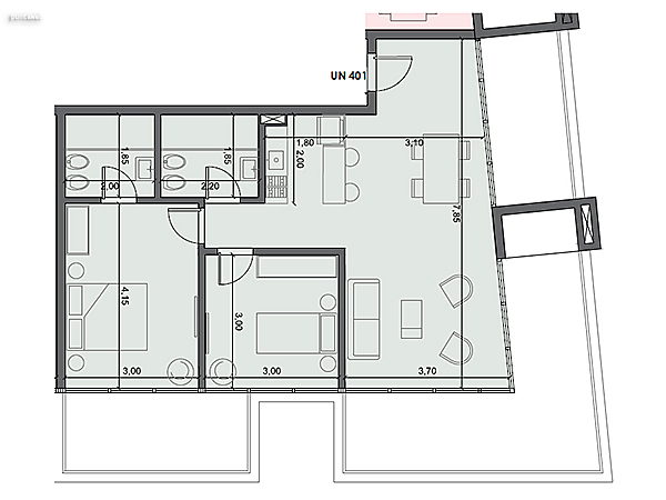 Unidad 401 – 2 dormitorios.<br><br>rea int: 68 m.<br>rea externa: 37 m. <br><br>TOTAL: 105 m.